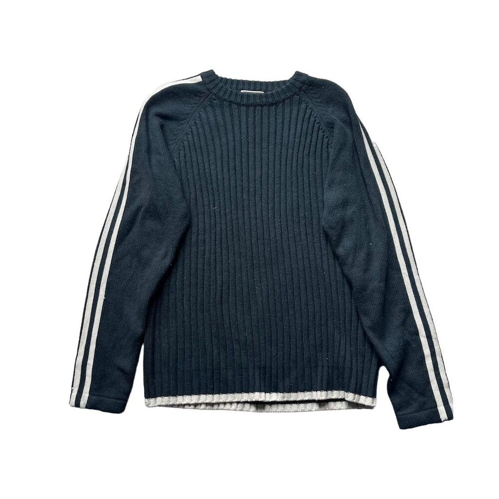 Men's Black Knit Pullover Sweater Size L Crew Neck Striped Casual